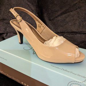 Life Stride Teller Taupe Gem Patent Open Toes Sling Back Heels Size 7